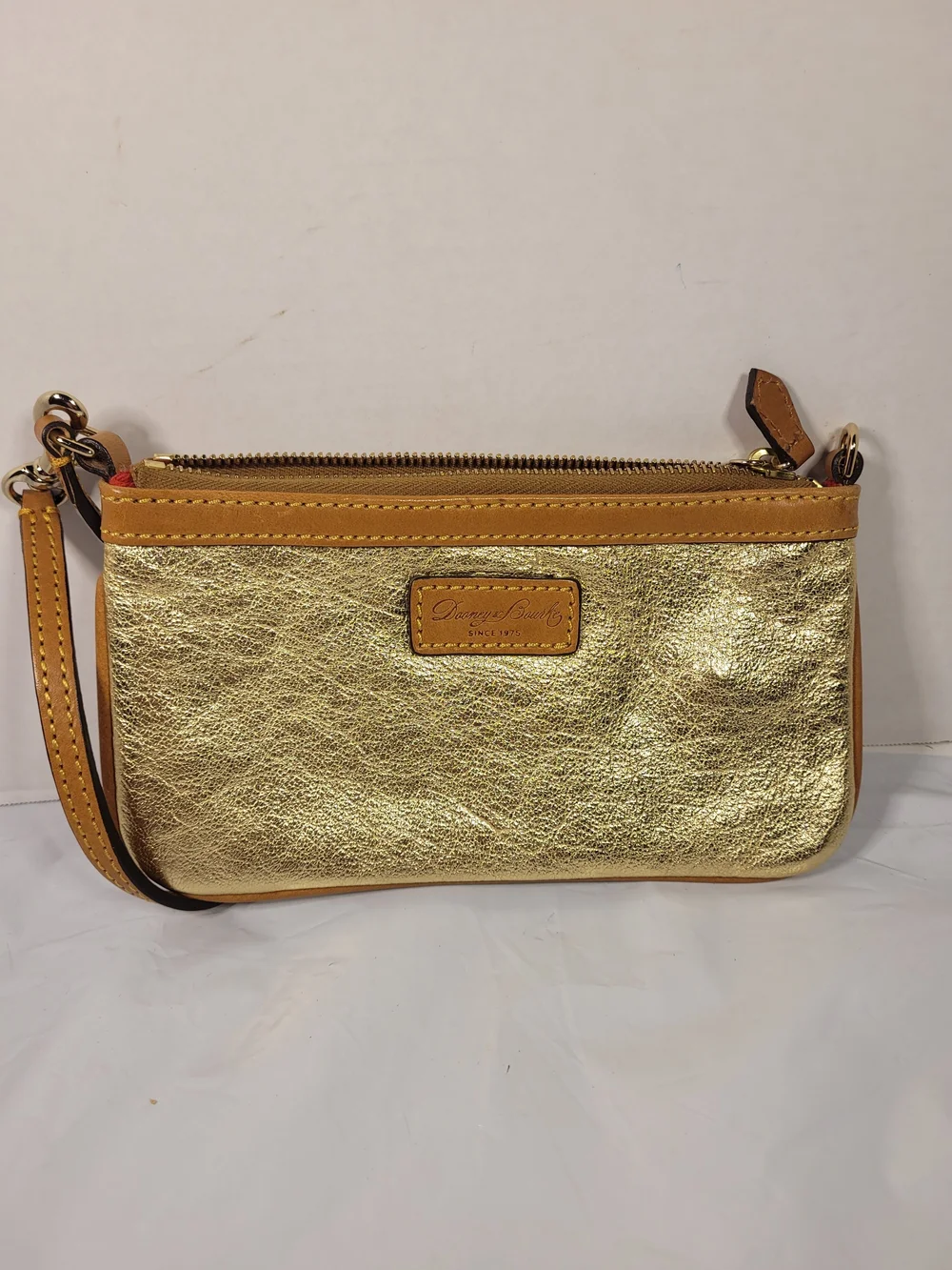 Dooney & Bourke Metallic Gold Leather Wristlet with Tan Trim